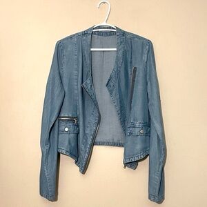 Dex Asymmetrical Blue Chambray Moto Style Zippered Jacket